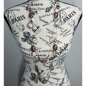 Double Strand Glitter & Iridescent Coin Beaded Necklace Blush Pink Long 36"